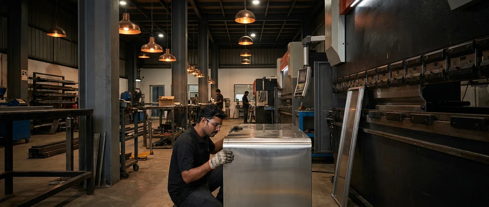 Fabricator inspecting a bent stainless steel panel